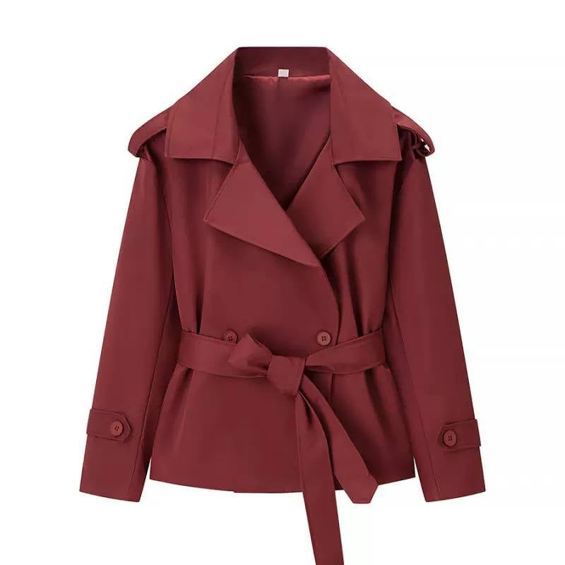 Double-Breasted Trench Jacket With Tie Waist and Epaulets – Burgundy