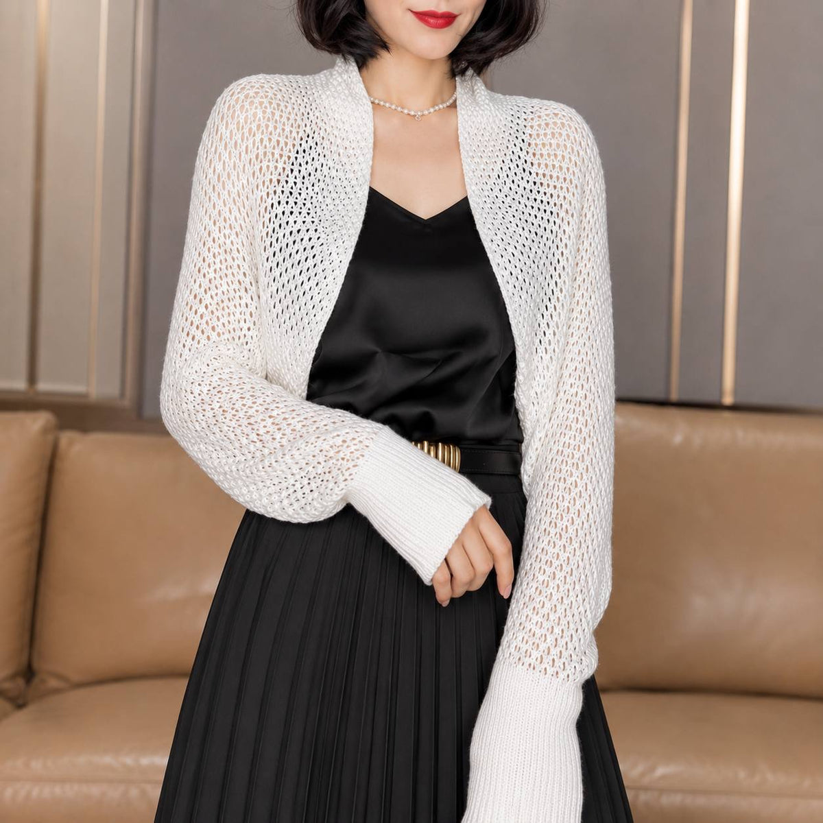 Balloon Sleeve Open-Front Cardigan With Cropped Shrug Silhouette – White
