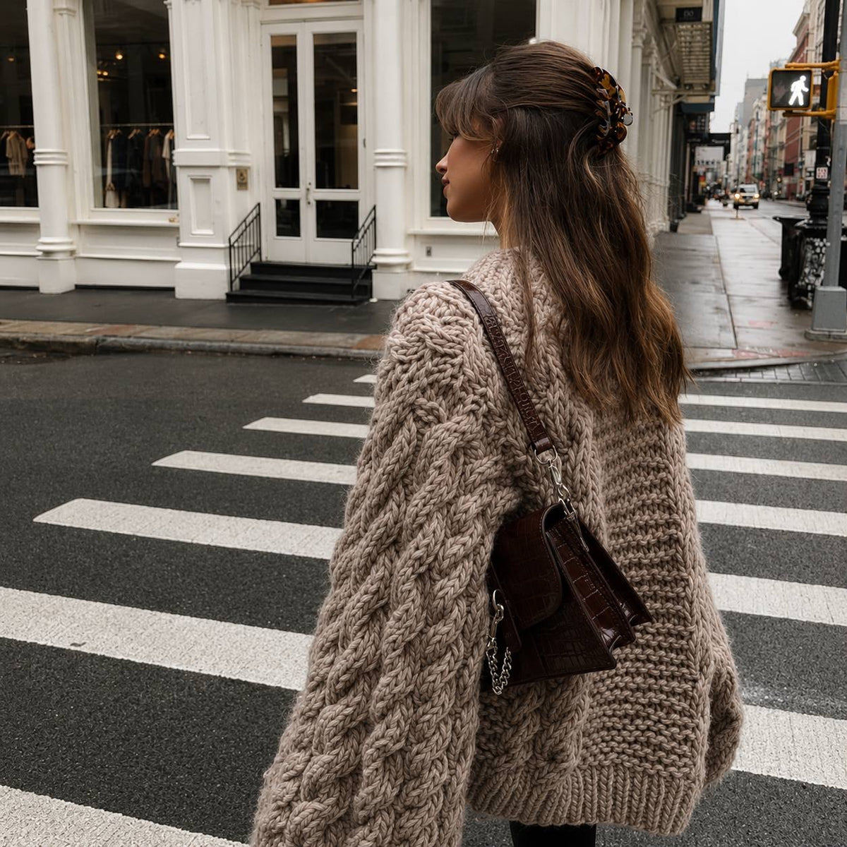 Relaxed Cable Knit Sweater With Ribbed Round Neckline – Beige