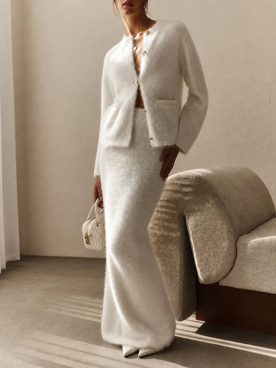 Round-Neck Cardigan and Maxi Skirt Set With Patch Pockets – White