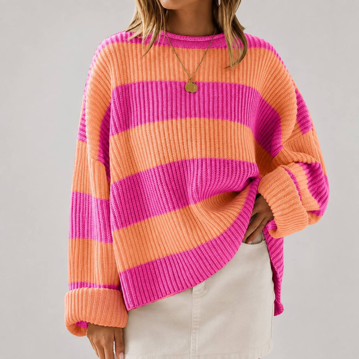 Ribbed Sweater With Wide Stripes And Crew Neckline – Pink And Orange Stripe