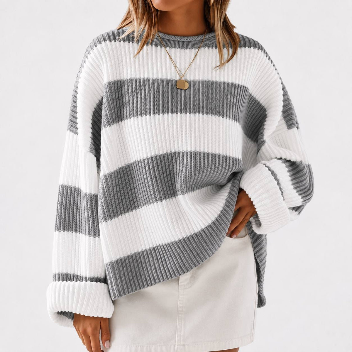 Ribbed Sweater With Wide Stripes And Crew Neckline – Grey And White Stripe