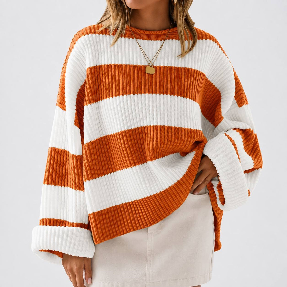 Ribbed Sweater With Wide Stripes And Crew Neckline – Orange And White Stripe