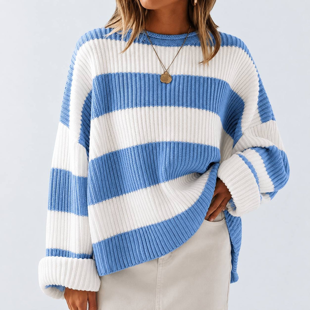 Ribbed Sweater With Wide Stripes And Crew Neckline – Light Blue And White Stripe