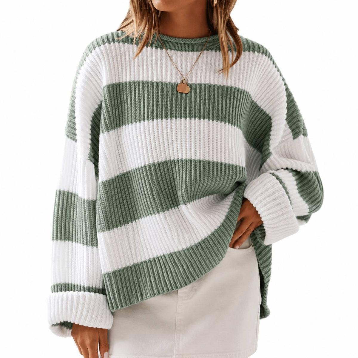 Ribbed Sweater With Wide Stripes And Crew Neckline – Green And White Stripe