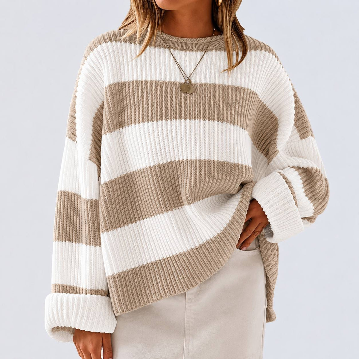 Ribbed Sweater With Wide Stripes And Crew Neckline – Beige And White Stripe