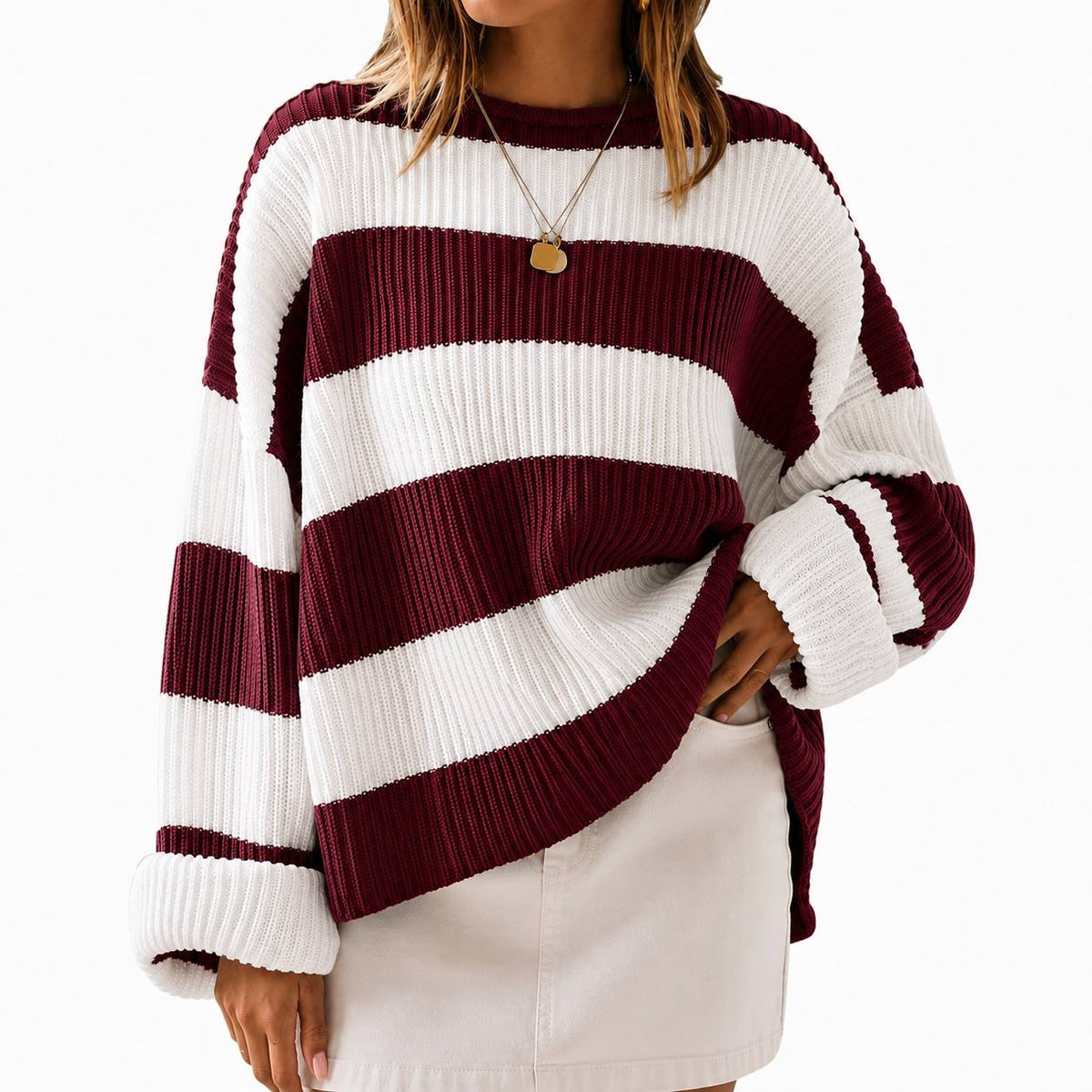 Ribbed Sweater With Wide Stripes And Crew Neckline – Burgundy And White Stripe