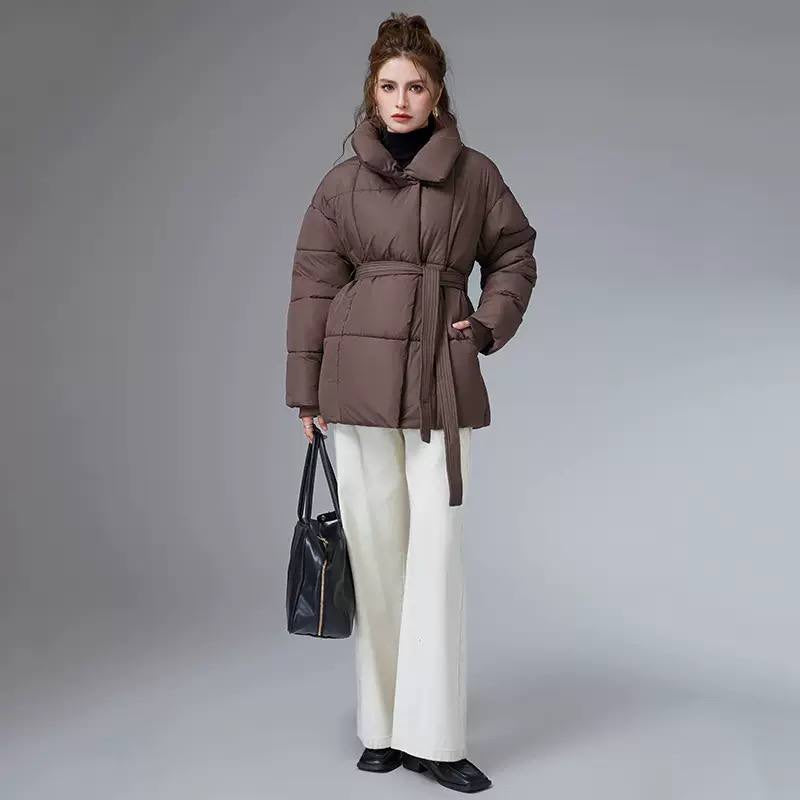 Quilted Tie-Waist Puffer Jacket With Stand Collar – Brown