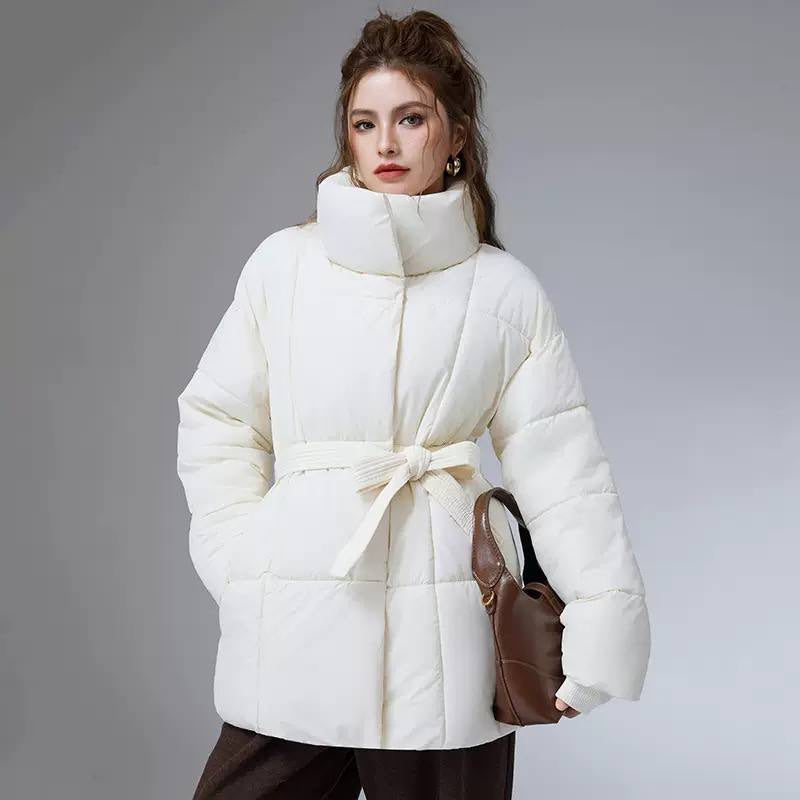 Quilted Tie-Waist Puffer Jacket With Stand Collar – White