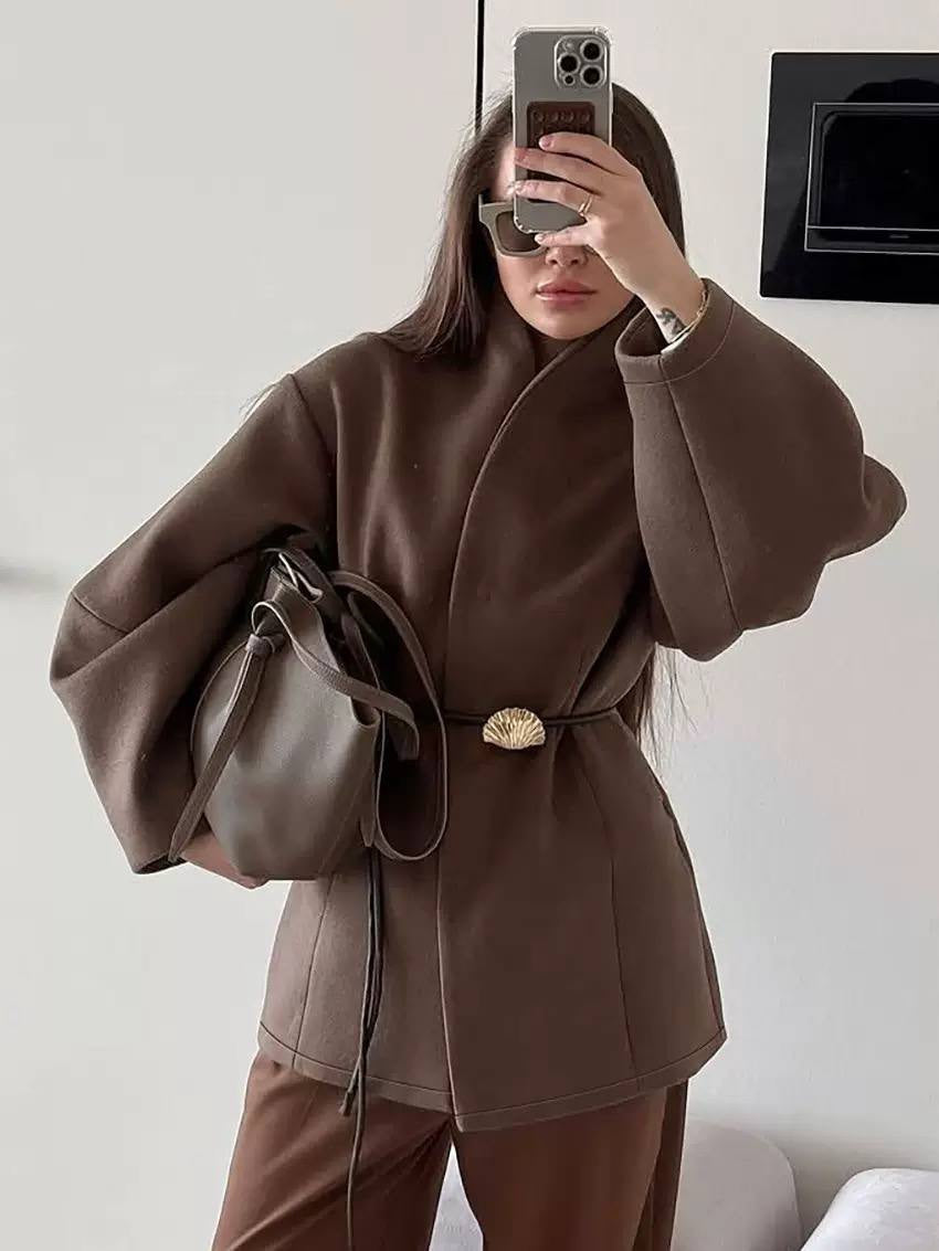 Shell Detail Wrap Coat With Sculpted Long Sleeves – Brown