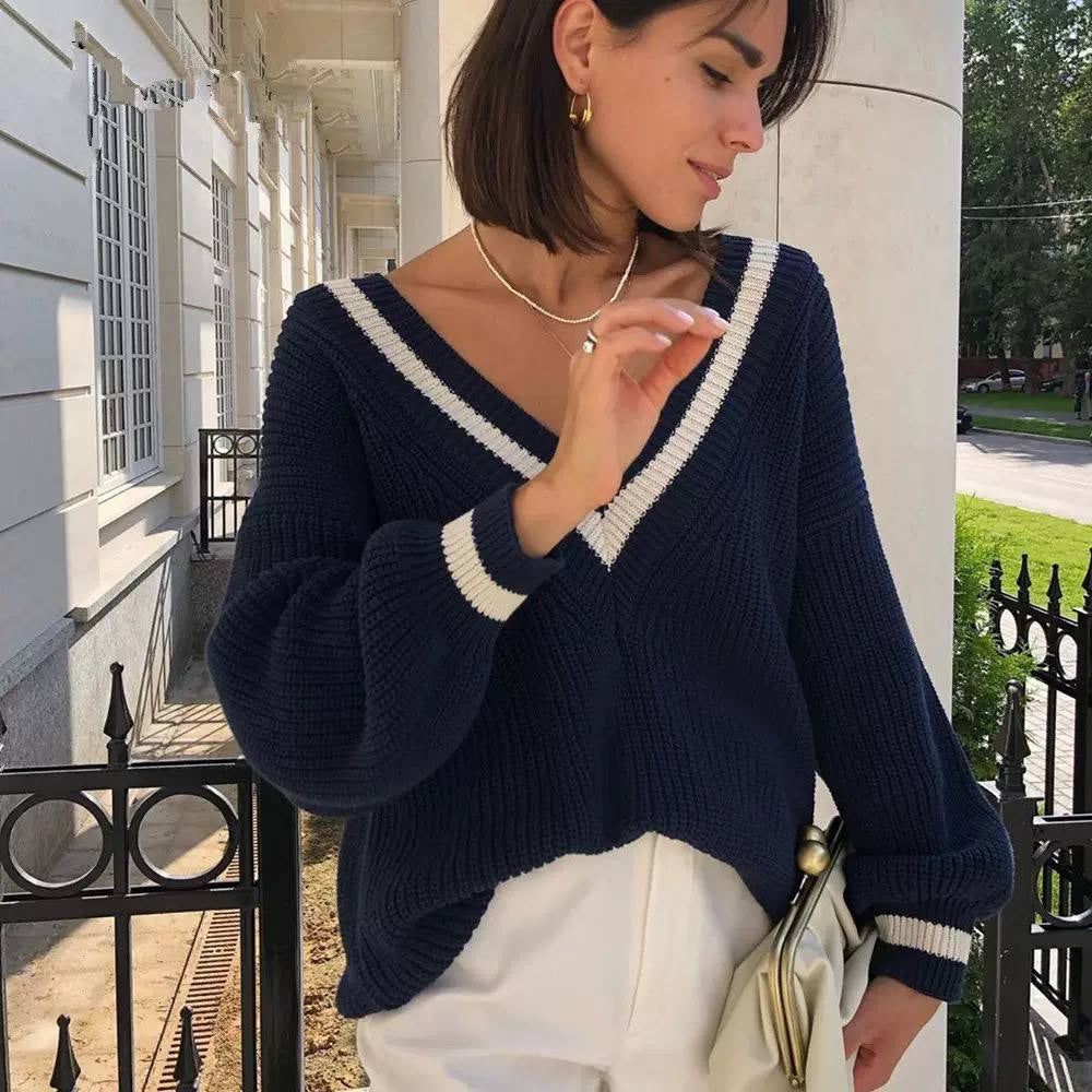 Striped V-Neck Sweater With Dropped Shoulders and Full Sleeves – Navy