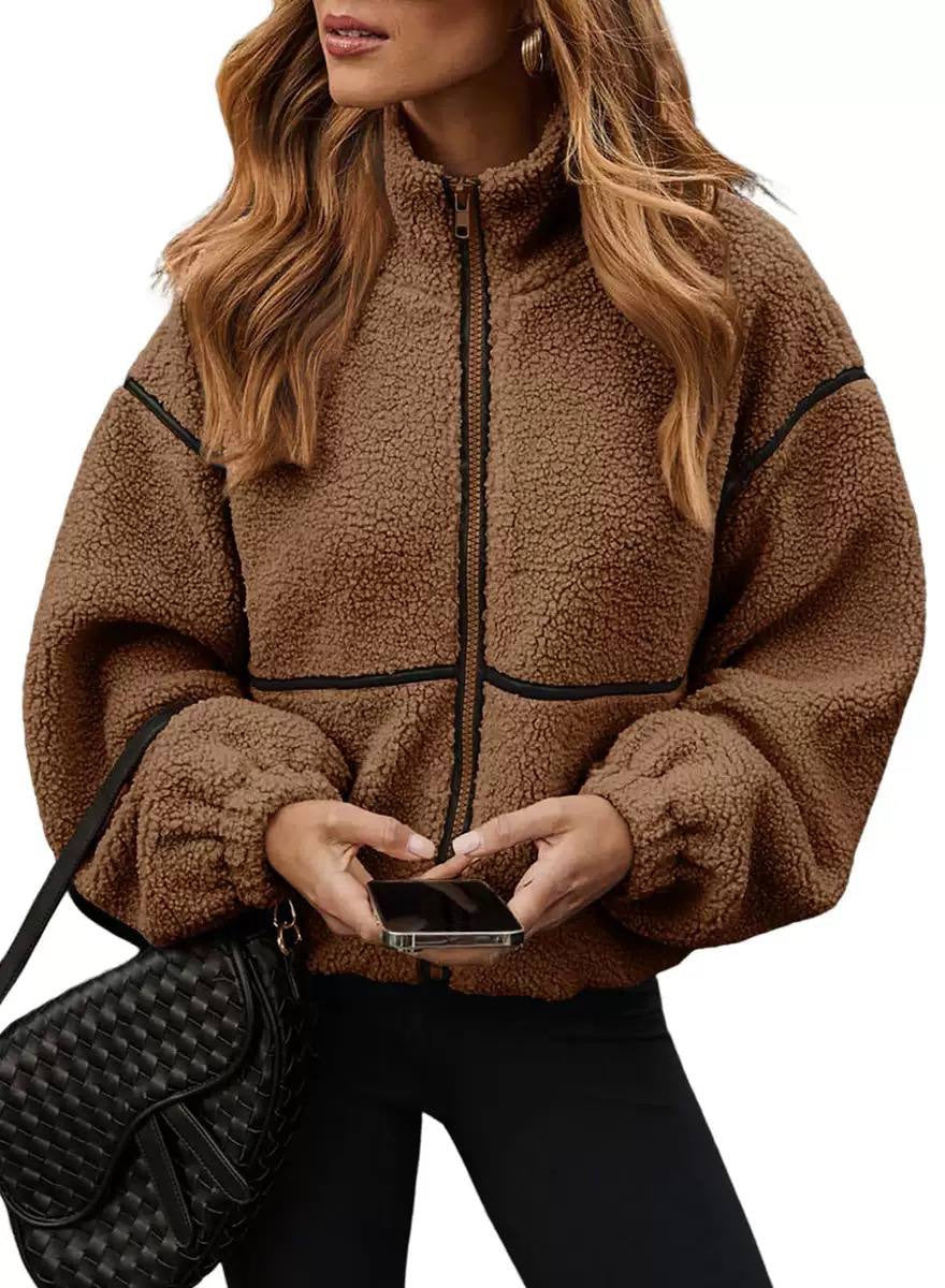 Relaxed Drop-Shoulder Jacket With Contrast Piping and Zip Closure – Brown