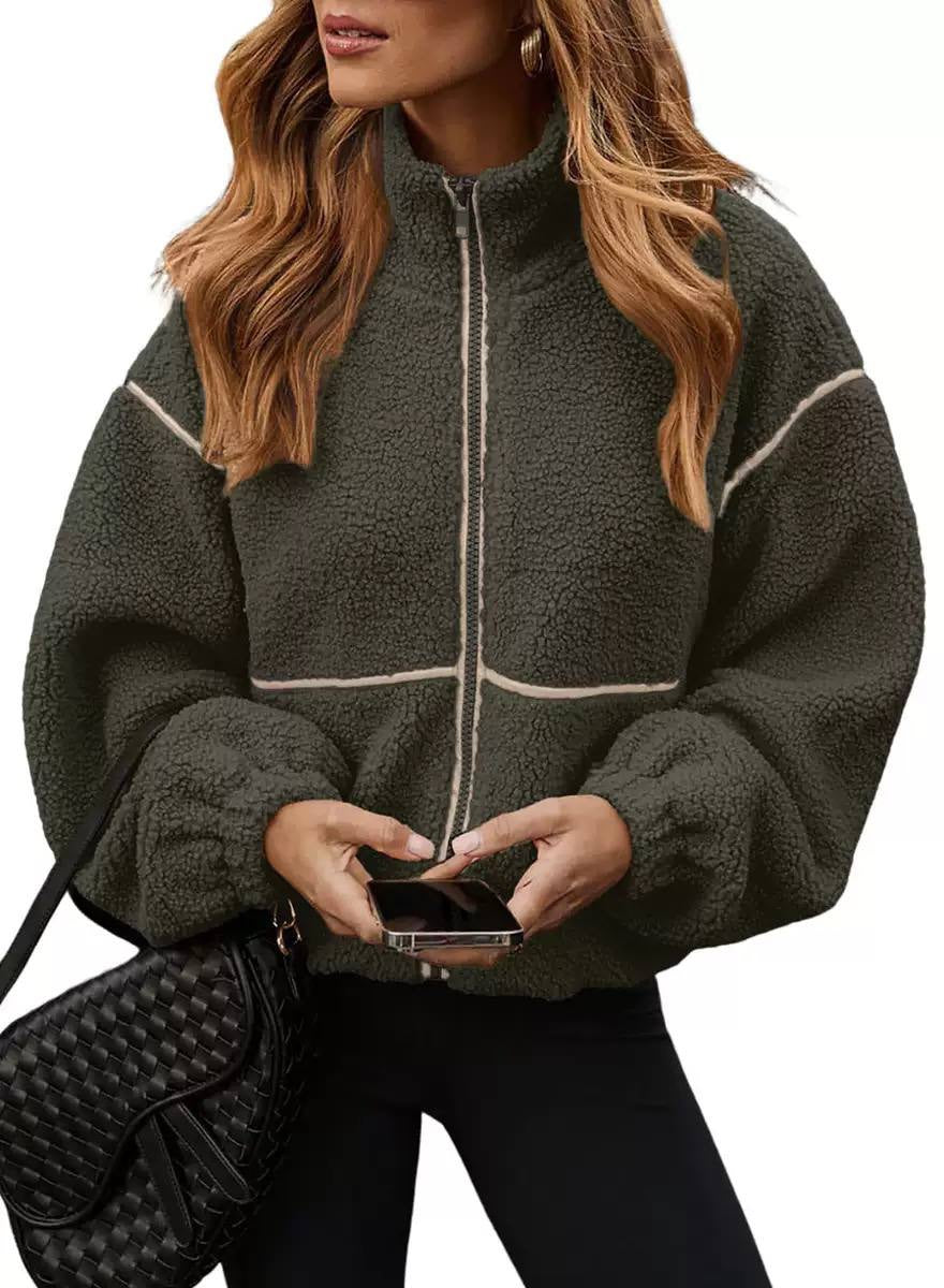 Relaxed Drop-Shoulder Jacket With Contrast Piping and Zip Closure – Dark Green