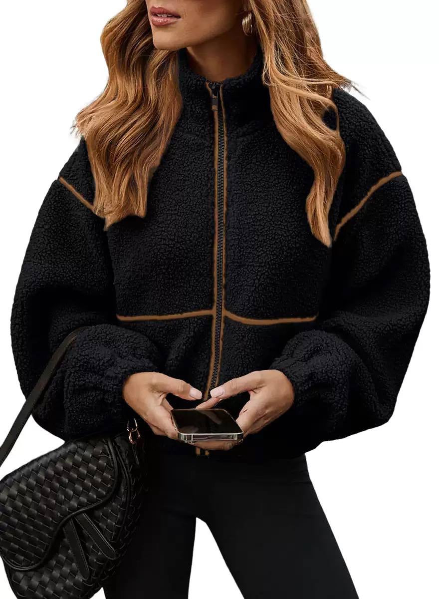 Relaxed Drop-Shoulder Jacket With Contrast Piping and Zip Closure – Black