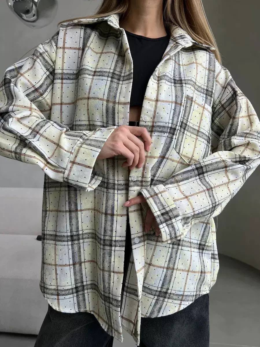 Relaxed Plaid Collared Shirt With Dotted Details – Cream Plaid