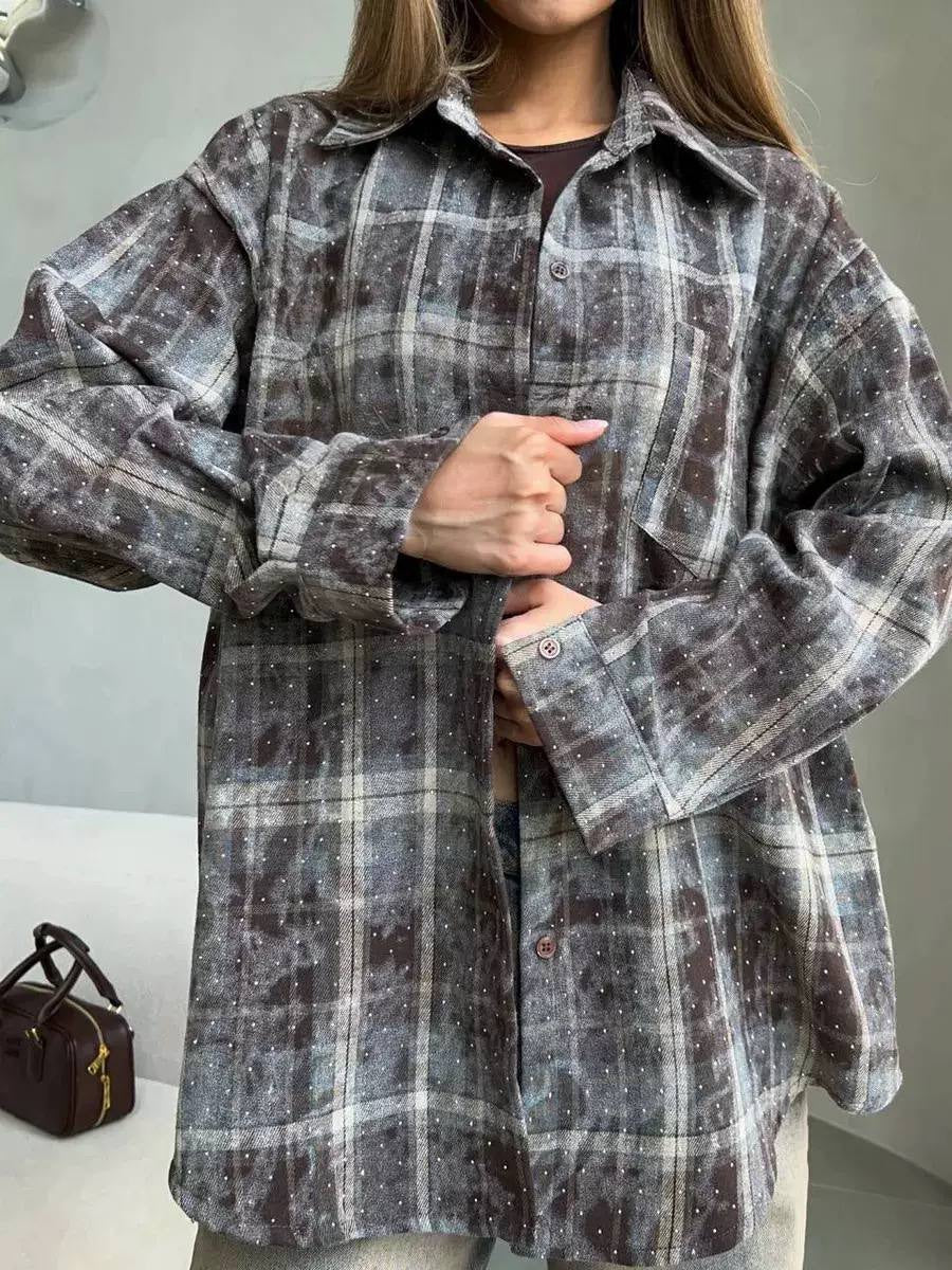 Relaxed Plaid Collared Shirt With Dotted Details – Charcoal Plaid