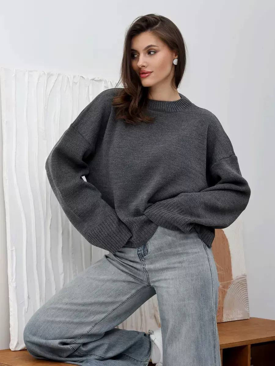 Long Sleeve Sweater With Wide Cuffs and Ribbed Hem – Dark Grey