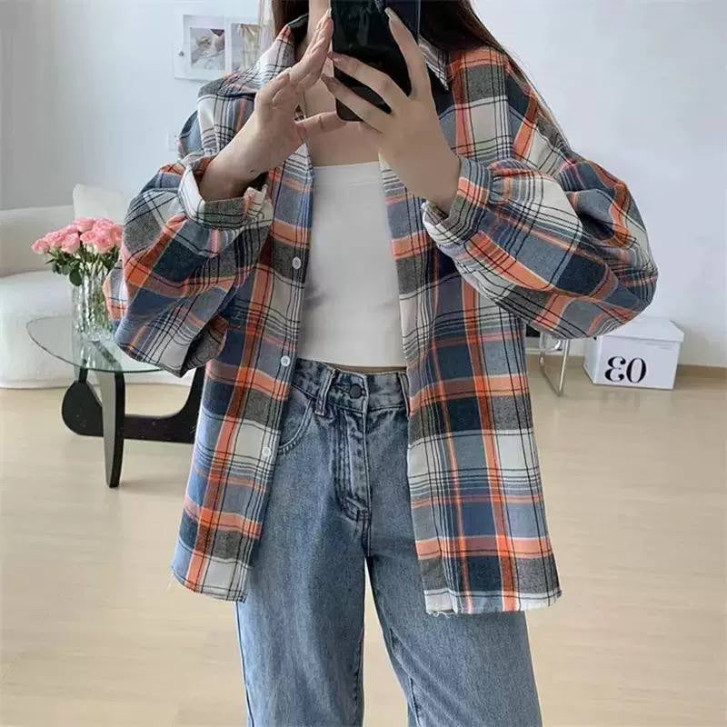 Relaxed Plaid Collared Shirt With Gathered Long Sleeves – Blue And Orange Plaid