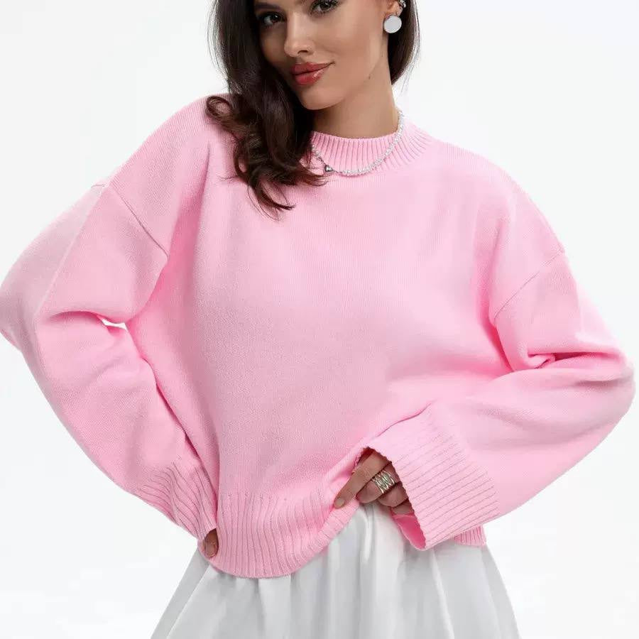 Long Sleeve Sweater With Wide Cuffs and Ribbed Hem – Pink