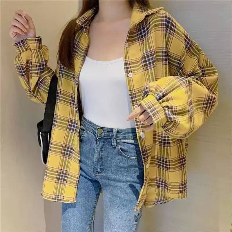Relaxed Plaid Collared Shirt With Gathered Long Sleeves – Yellow Plaid
