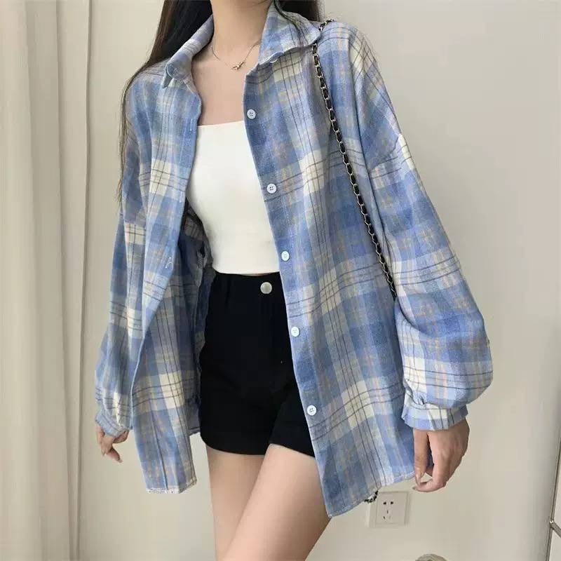 Relaxed Plaid Collared Shirt With Gathered Long Sleeves – Light Blue Plaid