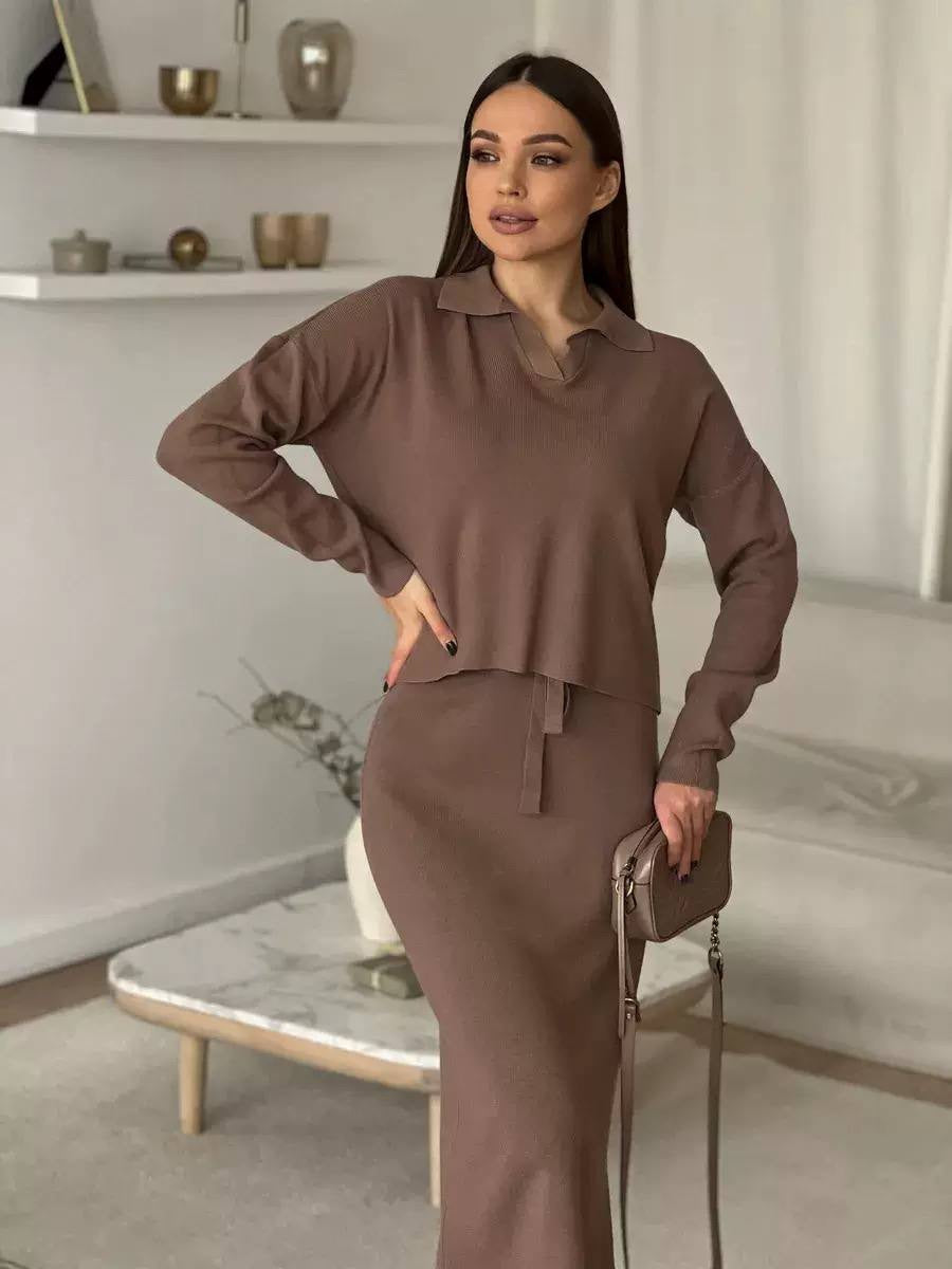 Relaxed V-Neck Sweater and Side-Slit Midi Skirt Set – Brown