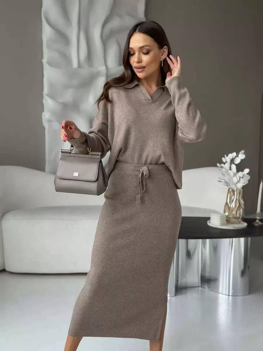Relaxed V-Neck Sweater and Side-Slit Midi Skirt Set – Taupe