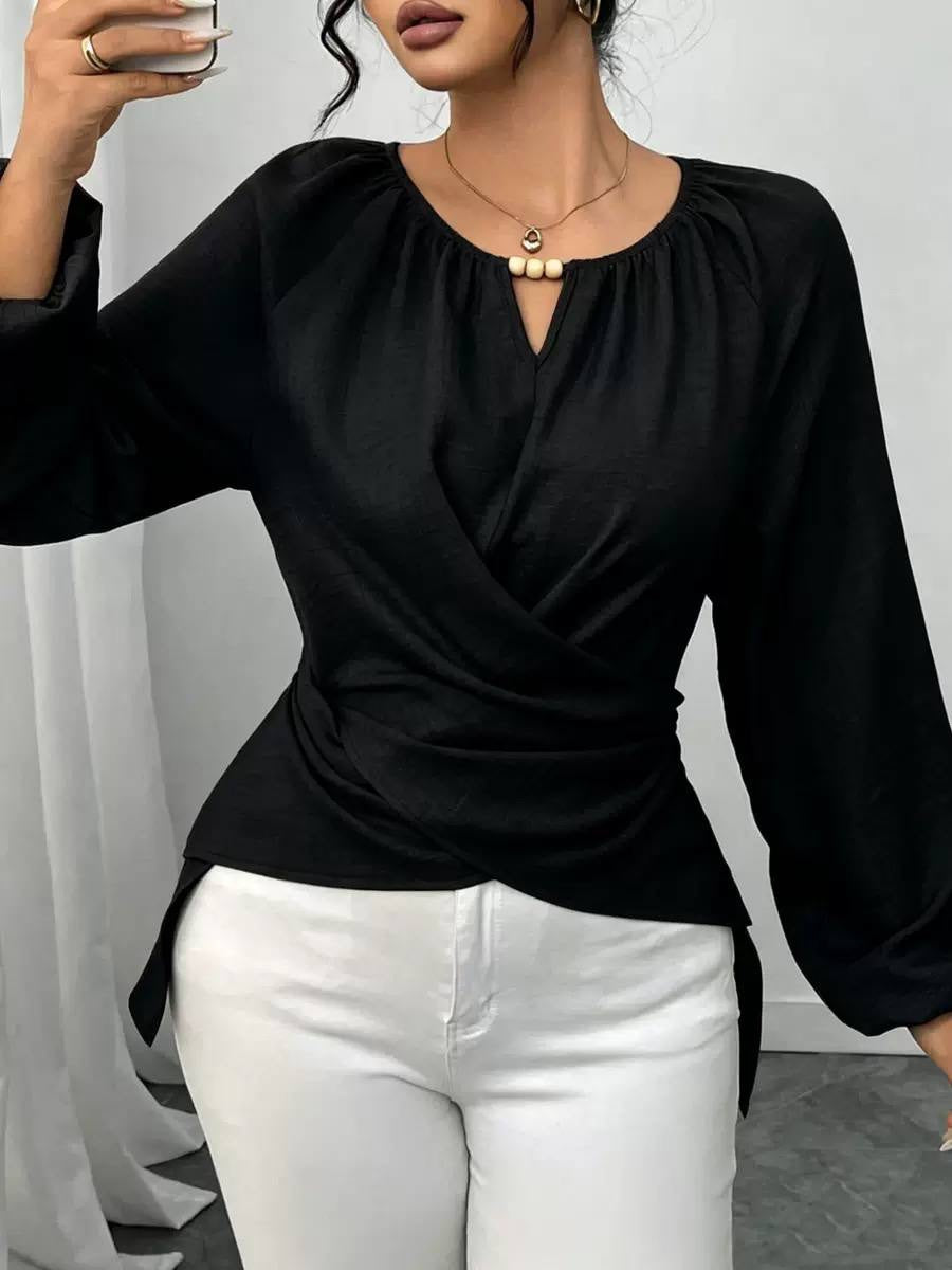 Crossover Blouse With Gathered Neckline and Full Sleeves – Black
