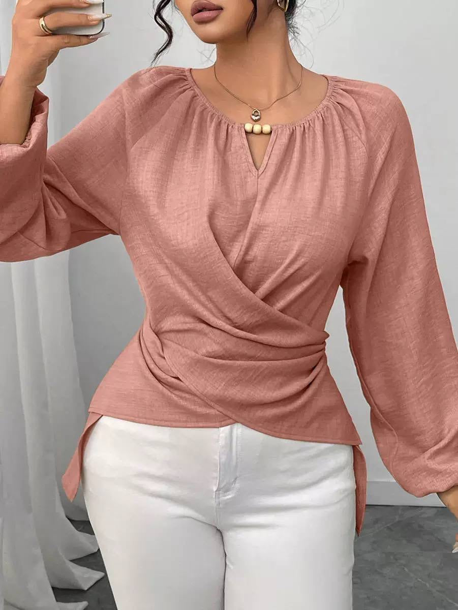 Crossover Blouse With Gathered Neckline and Full Sleeves – Pink