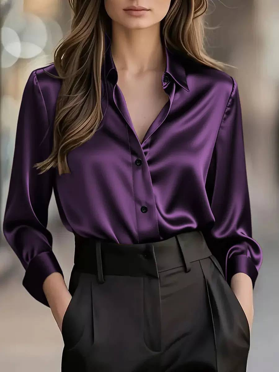 Draped Collared Blouse With Wide Cuffs and Buttons – Purple