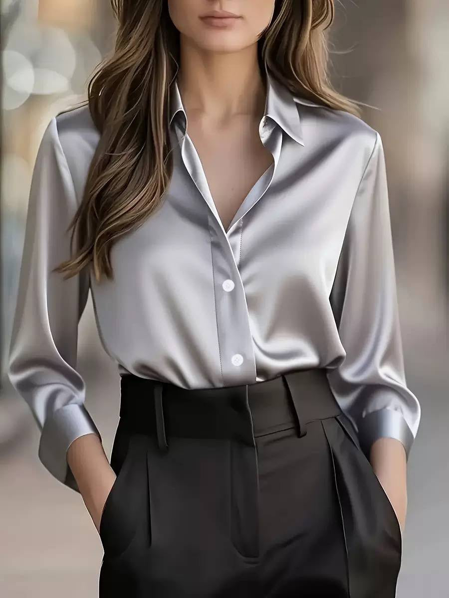Draped Collared Blouse With Wide Cuffs and Buttons – Silver