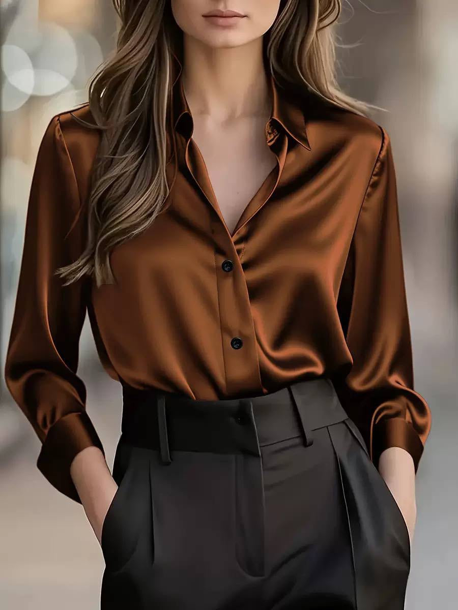 Draped Collared Blouse With Wide Cuffs and Buttons – Brown