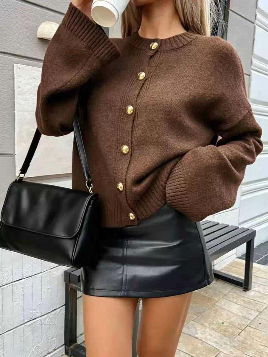 Dropped Shoulder Cardigan With Ribbed Trim and Buttons – Brown