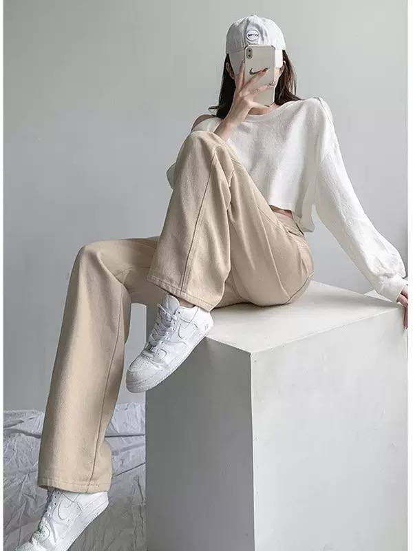 Relaxed Wide-Leg Pants With High Waist And Belt Loops – Beige