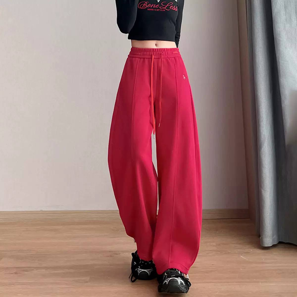 Relaxed Wide-Leg Pants With Adjustable Drawstring Hems – Red