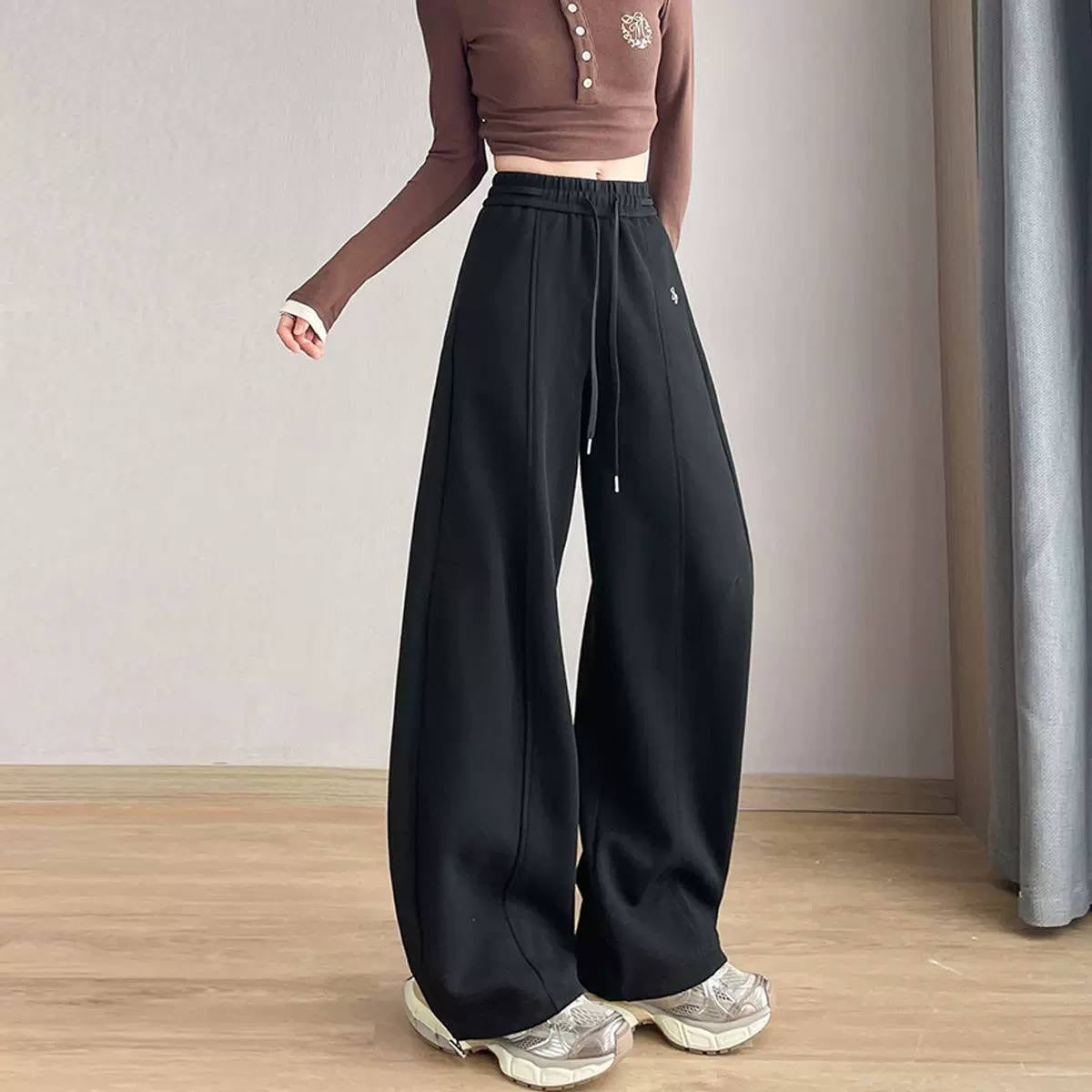 Relaxed Wide-Leg Pants With Adjustable Drawstring Hems – Black