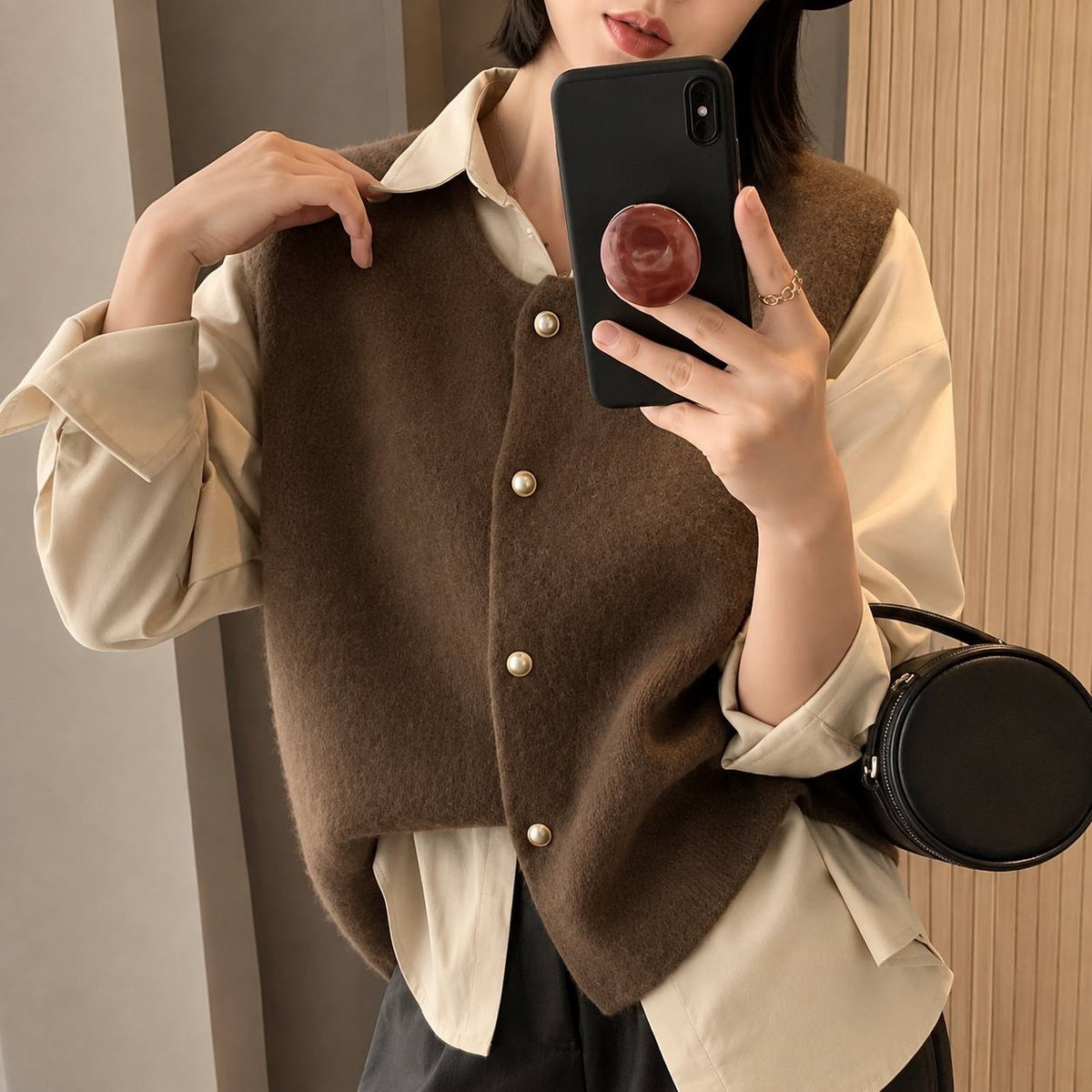 Sleeveless Cardigan With Rounded Neckline and Decorative Buttons – Brown