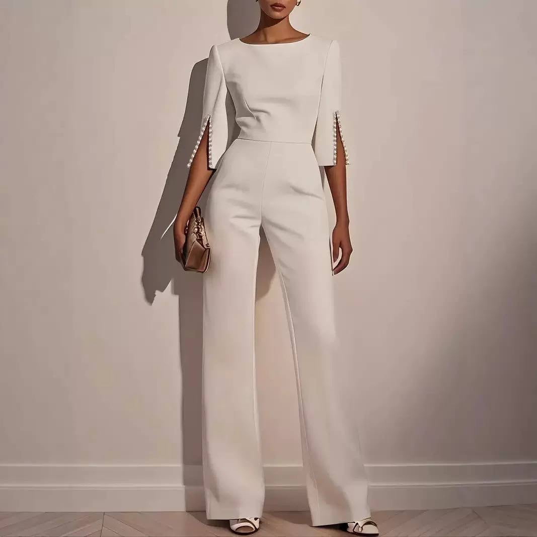 Round Neck Jumpsuit With Beaded Split Sleeves – Ivory