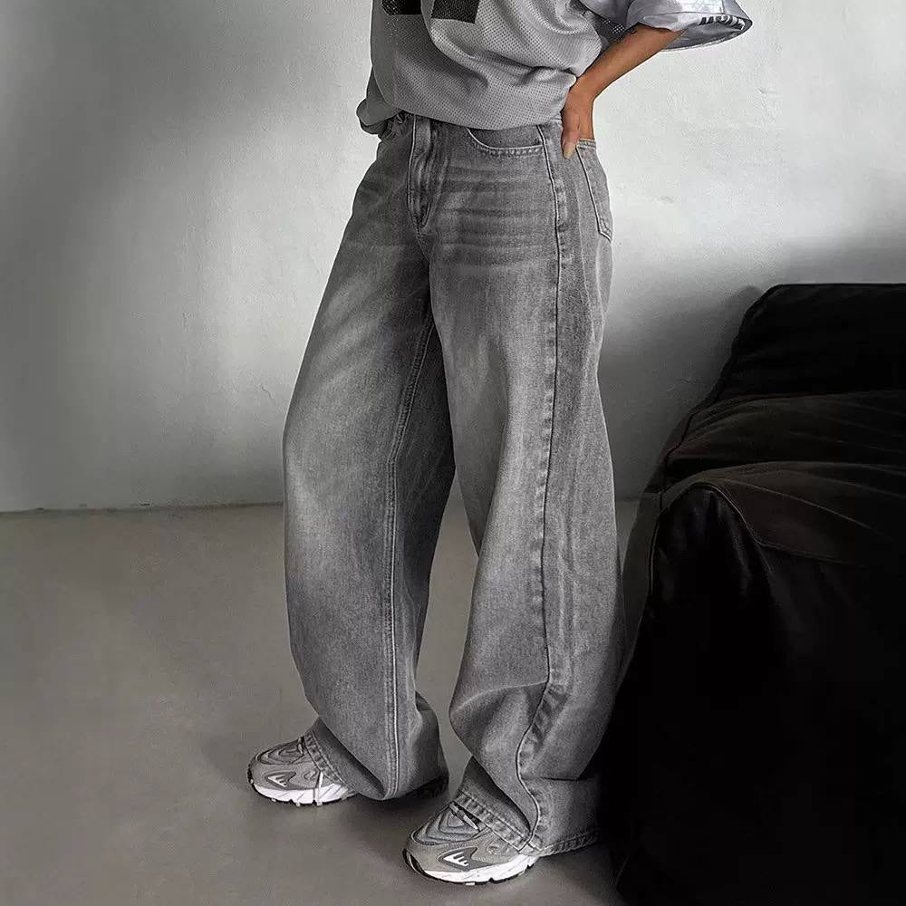 Whiskered Wide-Leg Jeans With Button Front and Pockets – Grey