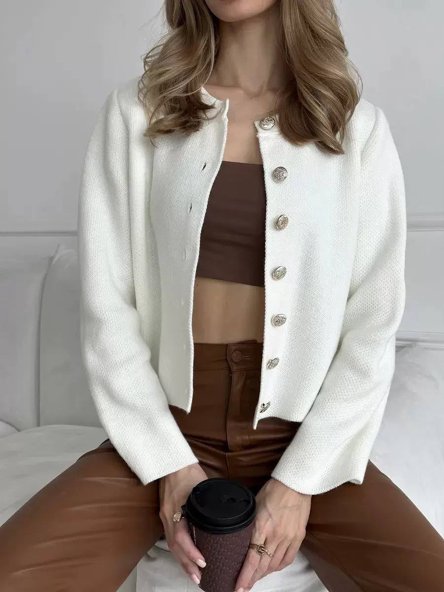 Textured Knit Cardigan With Ornate Buttons and Long Sleeves – White