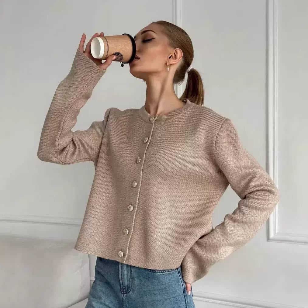 Textured Knit Cardigan With Ornate Buttons and Long Sleeves – Beige