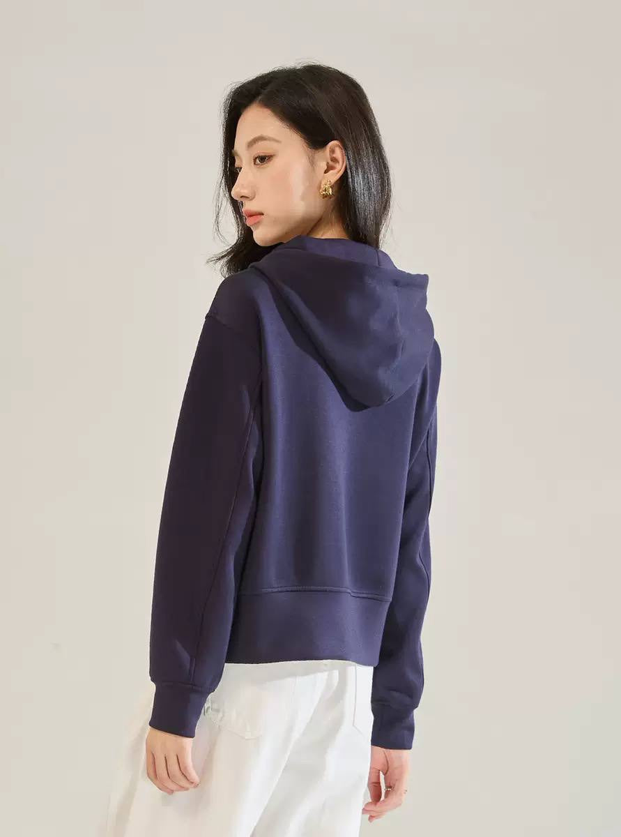 Drawstring Hood Jacket With Zip Front And Cuffed Sleeves – Navy