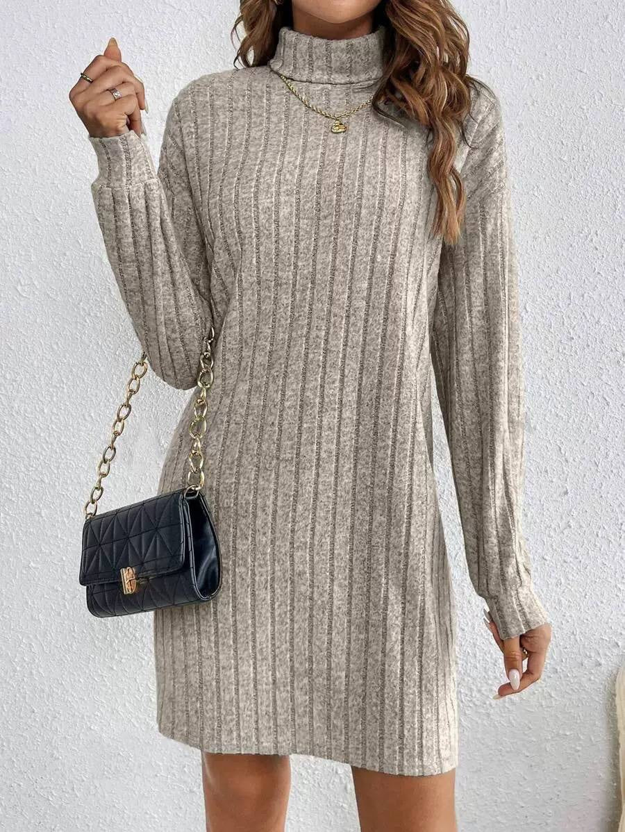 Relaxed Sweater Dress With Foldover Neck and Ribbed Texture – Beige