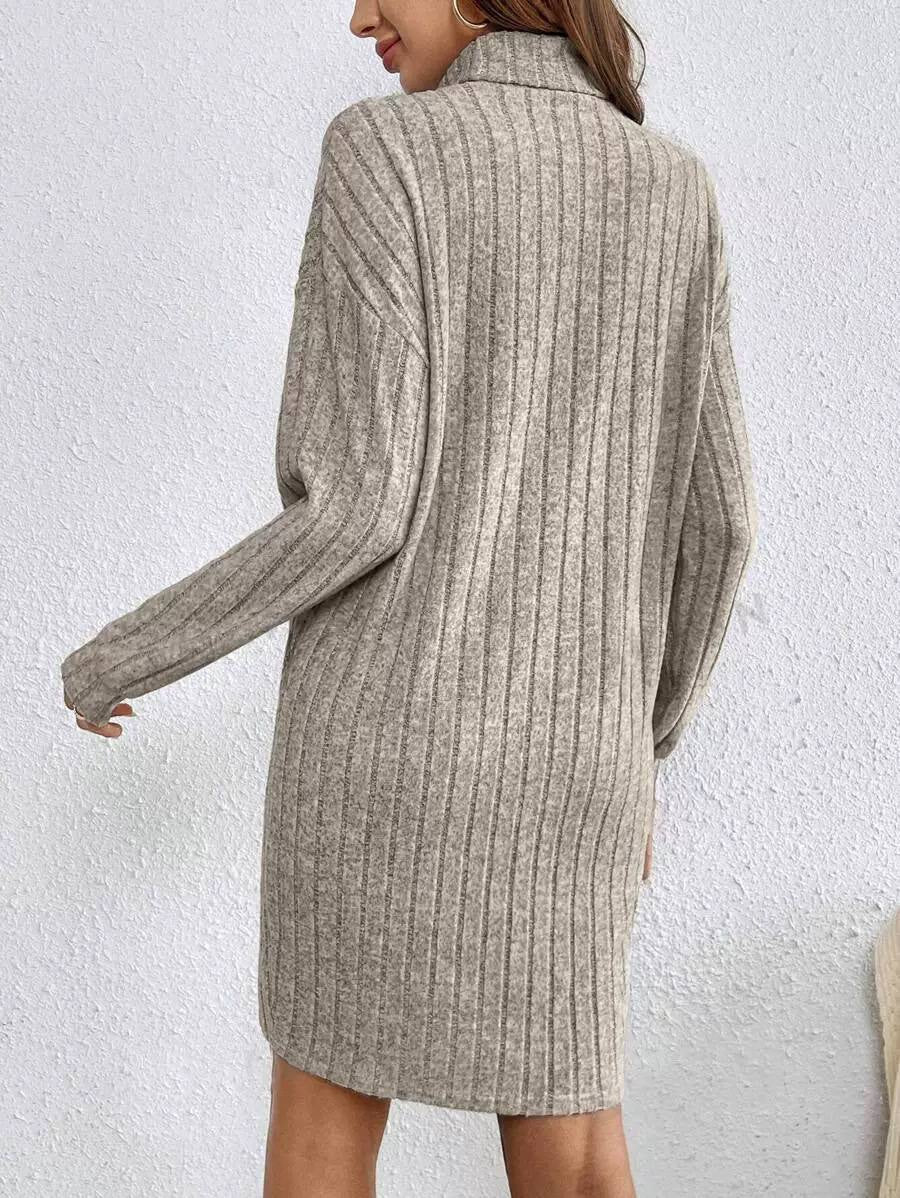 Relaxed Sweater Dress With Foldover Neck and Ribbed Texture – Beige