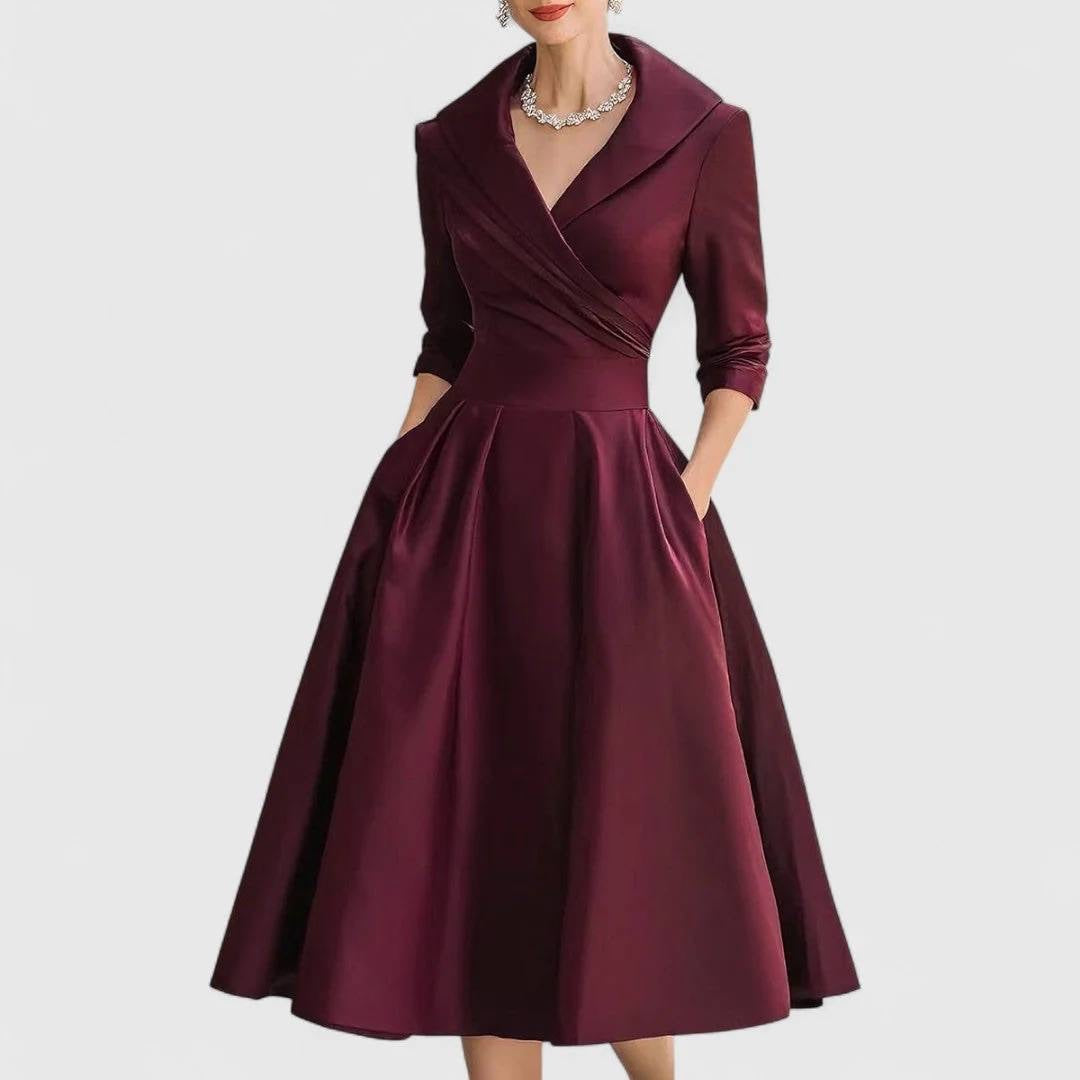 Pleated Crossover Midi Dress With Three-Quarter Sleeves – Burgundy