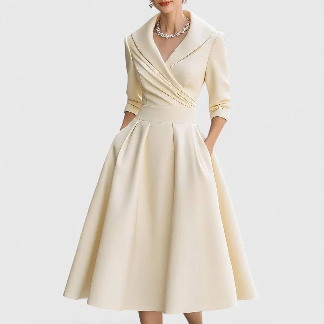 Pleated Crossover Midi Dress With Three-Quarter Sleeves – Ivory