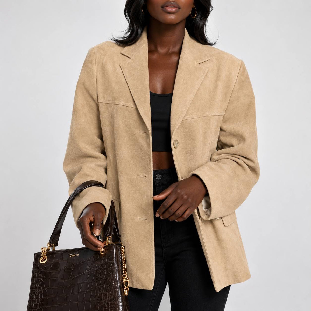 Longline Three-Button Blazer With Flap Pockets – Beige