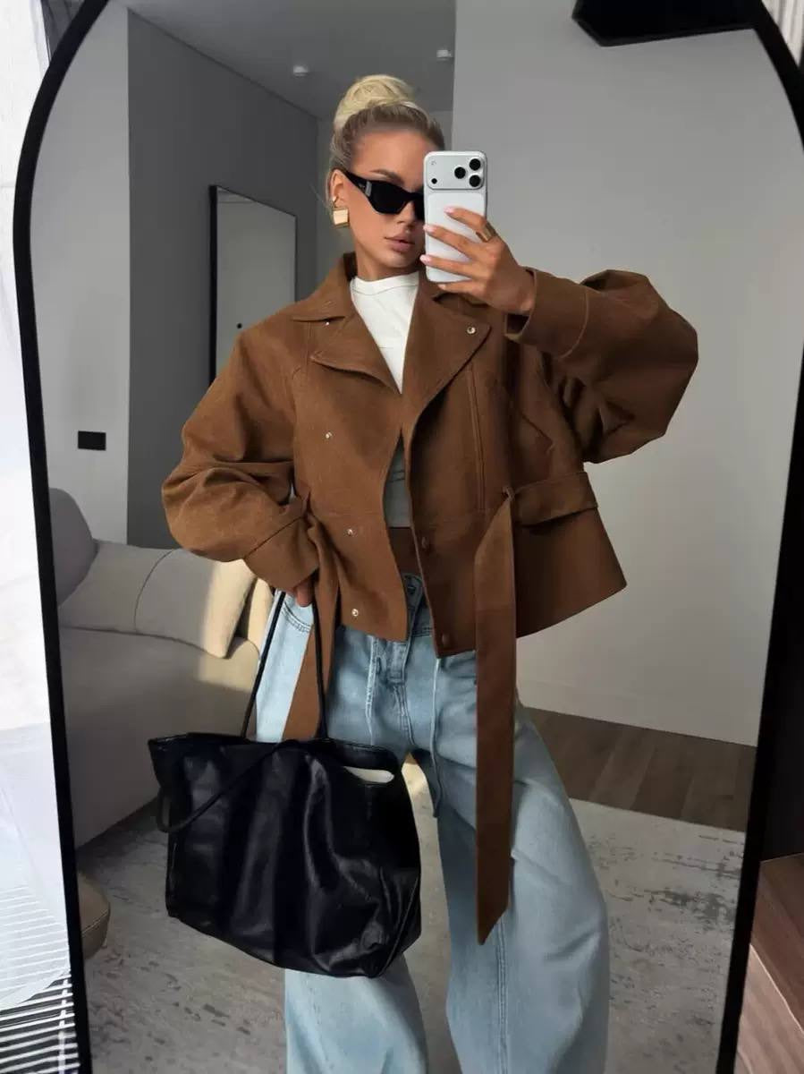 Balloon Sleeve Tie-Waist Jacket With Wide Cuffs – Brown