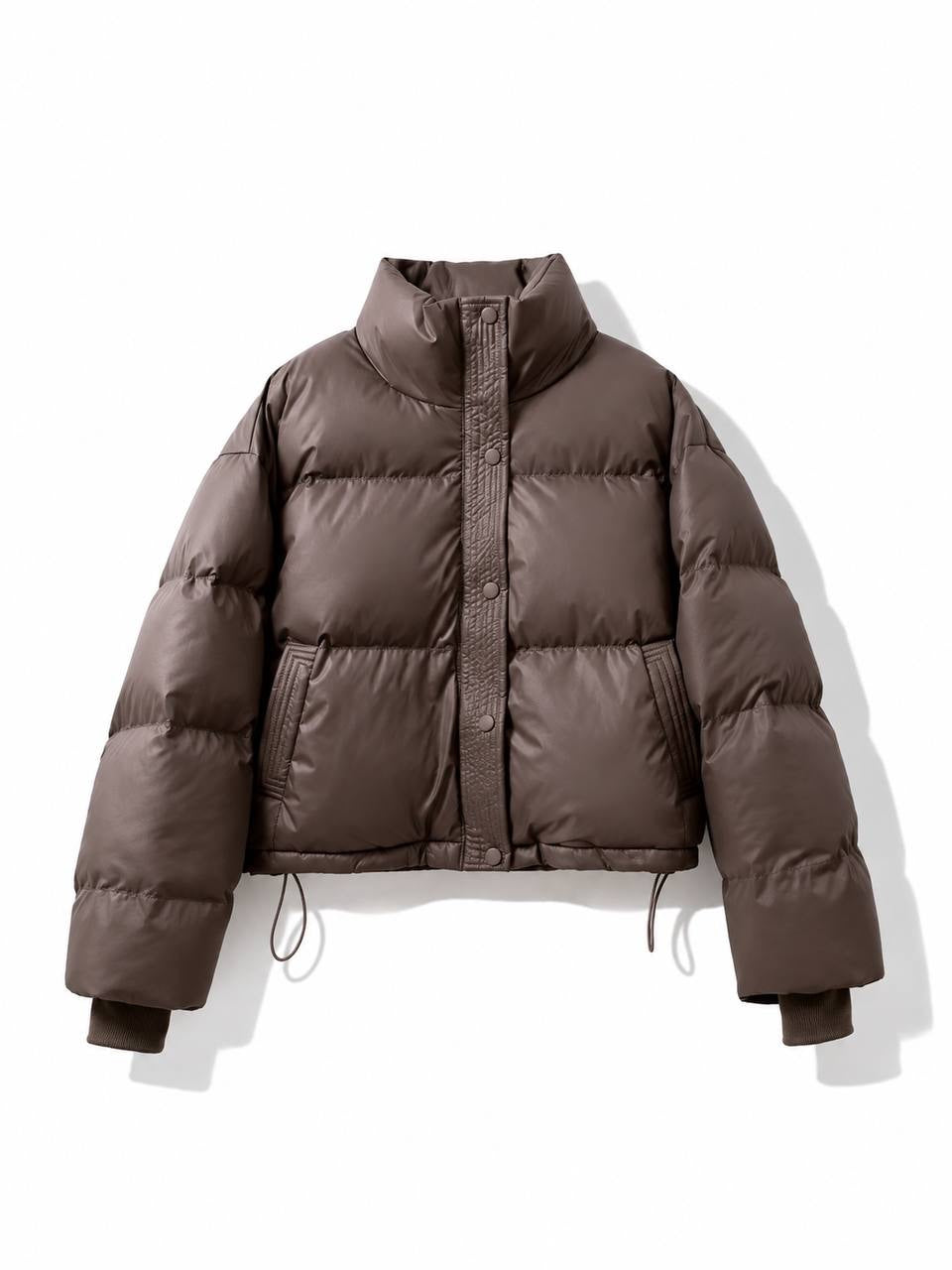 Quilted Puffer Jacket With Drawstring Hem And Pockets – Brown