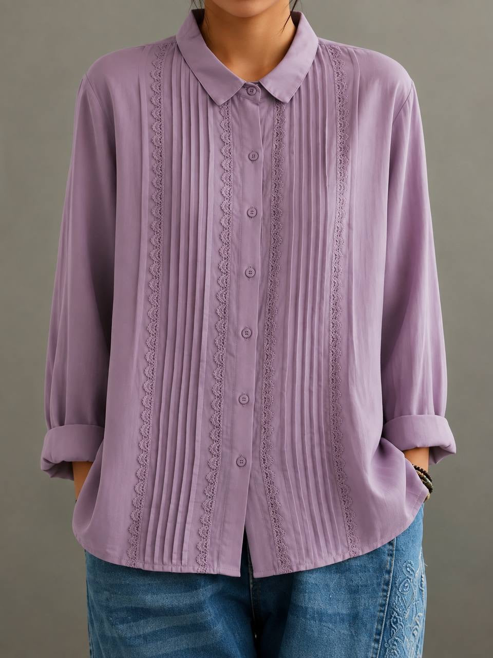 Long Sleeve Blouse With Pintucks And Scalloped Lace – Lilac